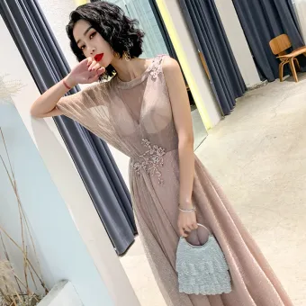Romeins Parel Roze Doorzichtige Avondjurken 2019 A Lijn Ronde Hals Een Schouder 1 2 Mouwen Appliques Kant Kralen Glans Polyester Lange Ruche Ruglooze Gelegenheid Jurken