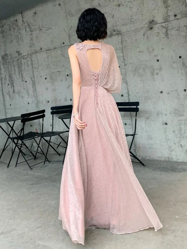 Römisch Pearl Rosa Durchsichtige Abendkleider 2019 A Linie Rundhalsausschnitt One-Shoulder 1/2 Ärmel Applikationen Spitze Perlenstickerei Glanz Polyester Lange Rüschen Rückenfreies Festliche Kleider