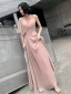 Römisch Pearl Rosa Durchsichtige Abendkleider 2019 A Linie Rundhalsausschnitt One-Shoulder 1/2 Ärmel Applikationen Spitze Perlenstickerei Glanz Polyester Lange Rüschen Rückenfreies Festliche Kleider