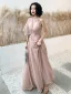 Römisch Pearl Rosa Durchsichtige Abendkleider 2019 A Linie Rundhalsausschnitt One-Shoulder 1/2 Ärmel Applikationen Spitze Perlenstickerei Glanz Polyester Lange Rüschen Rückenfreies Festliche Kleider