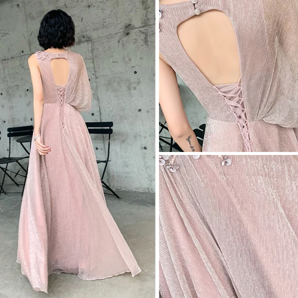 Römisch Pearl Rosa Durchsichtige Abendkleider 2019 A Linie Rundhalsausschnitt One-Shoulder 1/2 Ärmel Applikationen Spitze Perlenstickerei Glanz Polyester Lange Rüschen Rückenfreies Festliche Kleider