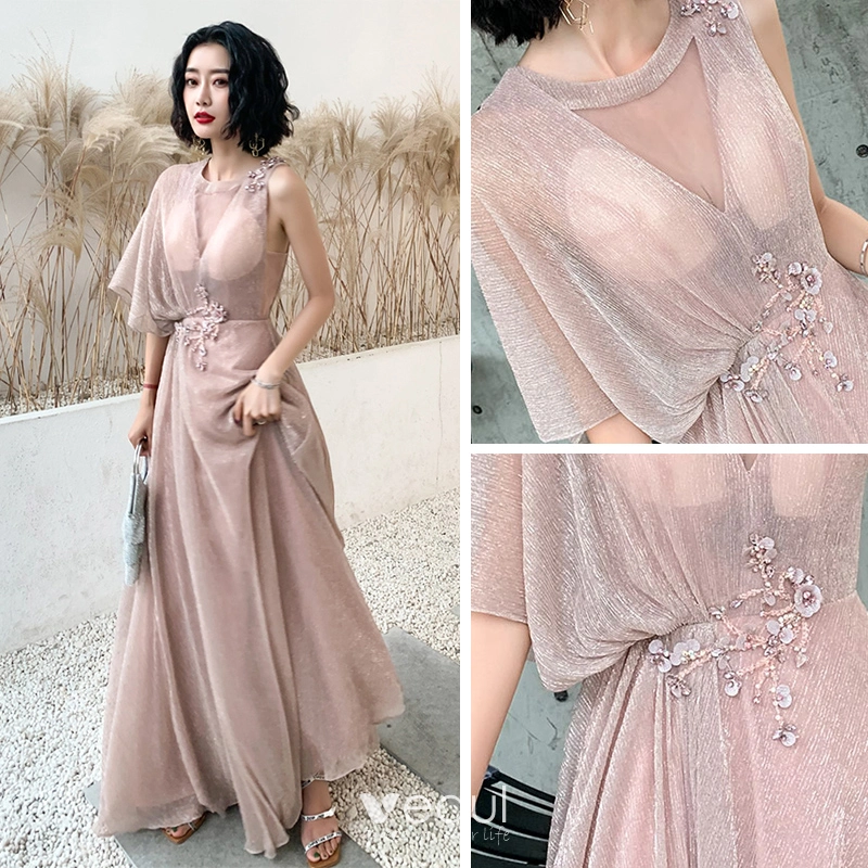 Roman Pearl Pink See-through Evening Dresses 2019 A-Line / Princess Scoop Neck One-Shoulder 1/2 Sleeves Appliques Lace Beading Glitter Polyester Floor Roman Pearl Pink See-through Evening Dresses 2019 A-Line / Princess Scoop Neck One-Shoulder 1/2 Sleeves Appliques Lace Beading Glitter Polyester Floor