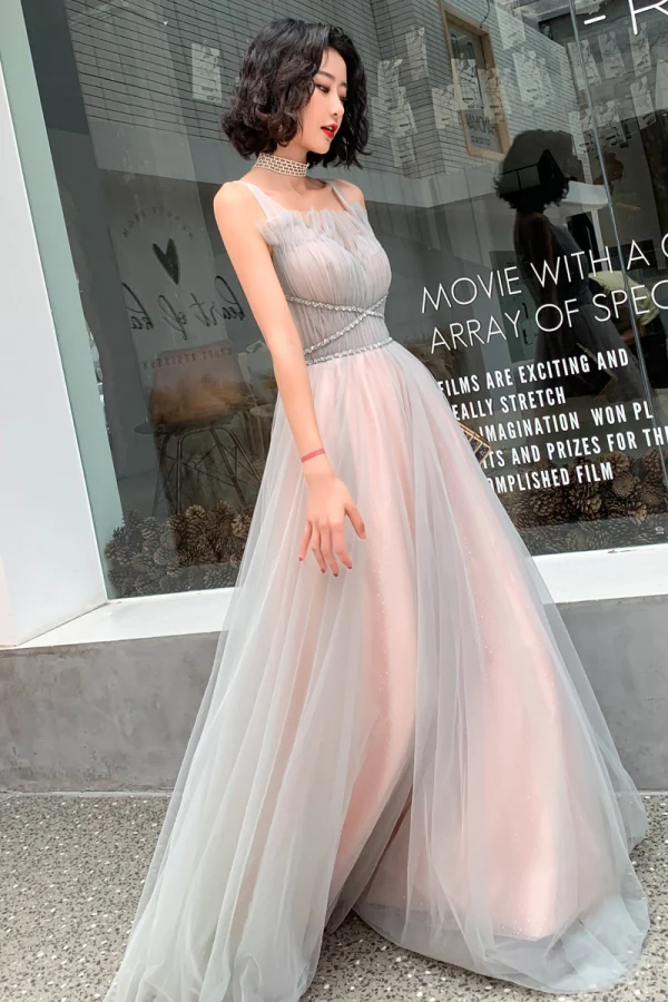 Elegante Pearl Rosa Grau Abendkleider 2019 A Linie Schultern Ärmellos Pailletten Perlenstickerei Stoffgürtel Glanz Tülle Lange Rüschen Rückenfreies Festliche Kleider
