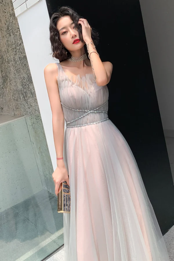 Elegante Pearl Rosa Grau Abendkleider 2019 A Linie Schultern Ärmellos Pailletten Perlenstickerei Stoffgürtel Glanz Tülle Lange Rüschen Rückenfreies Festliche Kleider