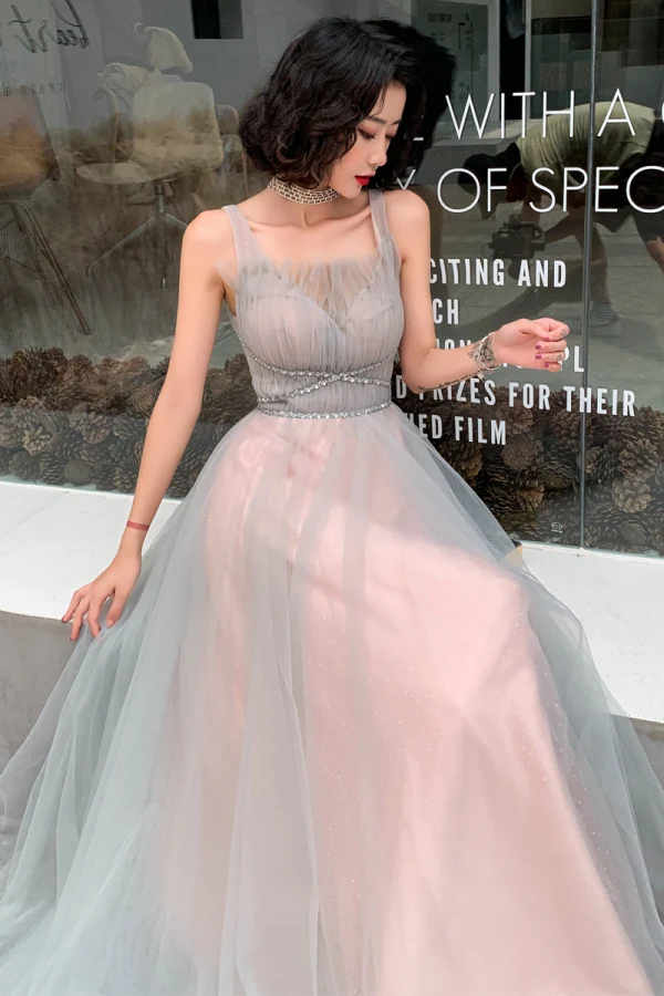 Elegante Pearl Rosa Grau Abendkleider 2019 A Linie Schultern Ärmellos Pailletten Perlenstickerei Stoffgürtel Glanz Tülle Lange Rüschen Rückenfreies Festliche Kleider