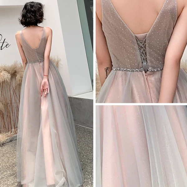 Elegante Pearl Rosa Grau Abendkleider 2019 A Linie Schultern Ärmellos Pailletten Perlenstickerei Stoffgürtel Glanz Tülle Lange Rüschen Rückenfreies Festliche Kleider