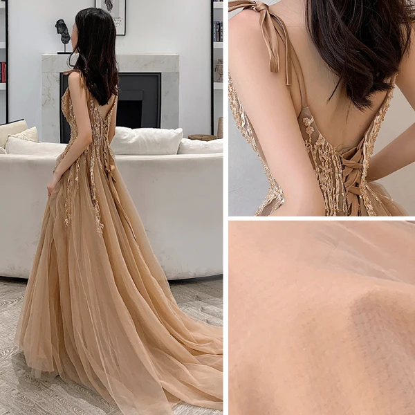 Sexy Kaki Robe De Soirée 2019 Princesse Bretelles Spaghetti Sans Manches Appliques En Dentelle Perlage Tribunal Train Volants Dos Nu Robe De Ceremonie
