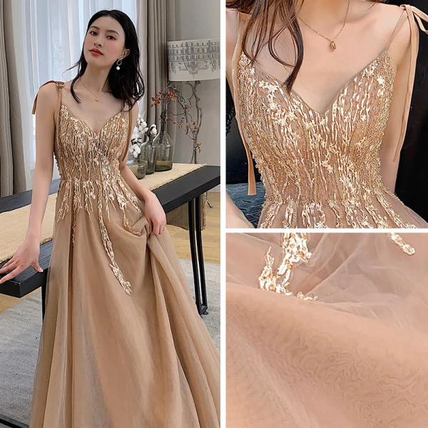 Sexy Kaki Robe De Soirée 2019 Princesse Bretelles Spaghetti Sans Manches Appliques En Dentelle Perlage Tribunal Train Volants Dos Nu Robe De Ceremonie