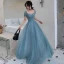 Chic / Belle Océan Bleu Robe De Soirée 2019 Princesse Encolure Carrée Manches Courtes Longue Volants Dos Nu Robe De Ceremonie