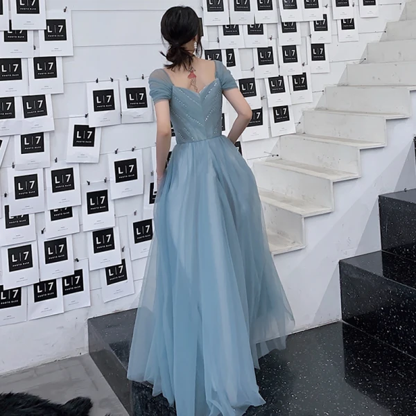Chic / Belle Océan Bleu Robe De Soirée 2019 Princesse Encolure Carrée Manches Courtes Longue Volants Dos Nu Robe De Ceremonie