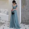 Chic / Beautiful Ocean Blue Evening Dresses  2019 A-Line / Princess Square Neckline Short Sleeve Floor-Length / Long Ruffle Backless Formal Dresses