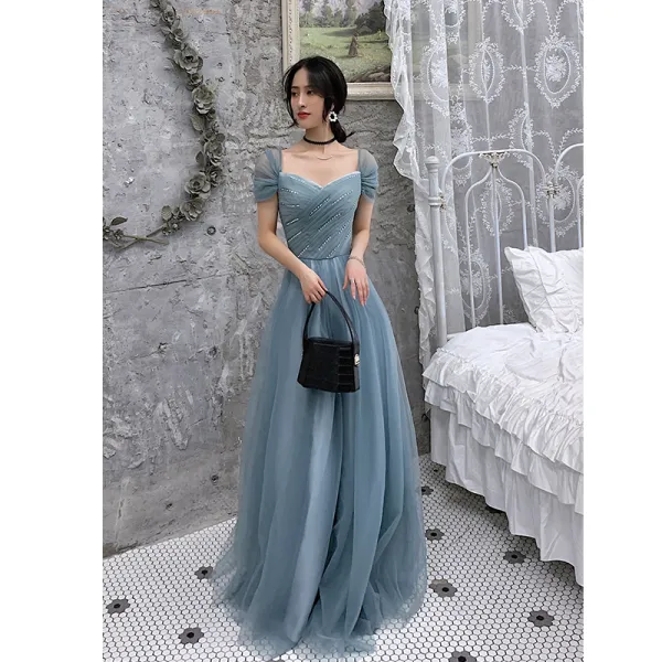 Chic Beautiful Ocean Blue Evening Dresses 2019 A Line Princess Square Neckline Short Sleeve Floor Length Long Ruffle Backless Formal Dresses