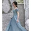 Chic / Belle Océan Bleu Robe De Soirée 2019 Princesse Encolure Carrée Manches Courtes Longue Volants Dos Nu Robe De Ceremonie
