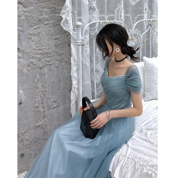 Chic / Belle Océan Bleu Robe De Soirée 2019 Princesse Encolure Carrée Manches Courtes Longue Volants Dos Nu Robe De Ceremonie
