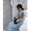 Chic / Belle Océan Bleu Robe De Soirée 2019 Princesse Encolure Carrée Manches Courtes Longue Volants Dos Nu Robe De Ceremonie