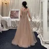 Elegant Champagne Evening Dresses  2019 A-Line / Princess Scoop Neck Sleeveless Feather Rhinestone Sash Floor-Length / Long Ruffle Backless Formal Dresses