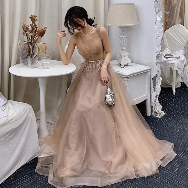 Veaul Elegant Champagne Evening Dresses 2019 A Line Princess Scoop Neck Sleeveless Feather