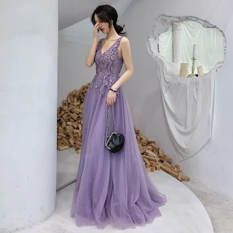 Illusion Lavender Evening Dresses 2019 A Line Princess Deep V Neck Appliques Lace Beading Floor Length Long Ruffle Backless Formal Dresses