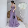 Illusion Lavender Evening Dresses  2019 A-Line / Princess Deep V-Neck Appliques Lace Beading Floor-Length / Long Ruffle Backless Formal Dresses
