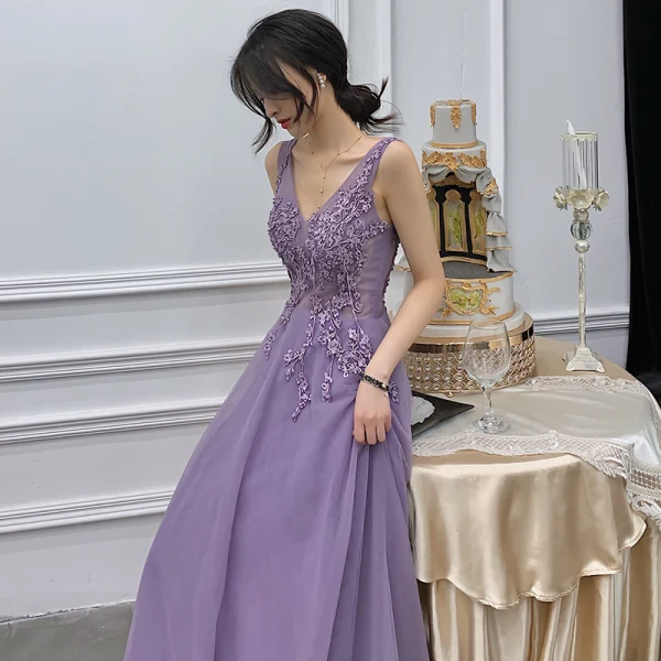Illusion Lavande Robe De Soirée 2019 Princesse Col v profond Appliques En Dentelle Perlage Longue Volants Dos Nu Robe De Ceremonie
