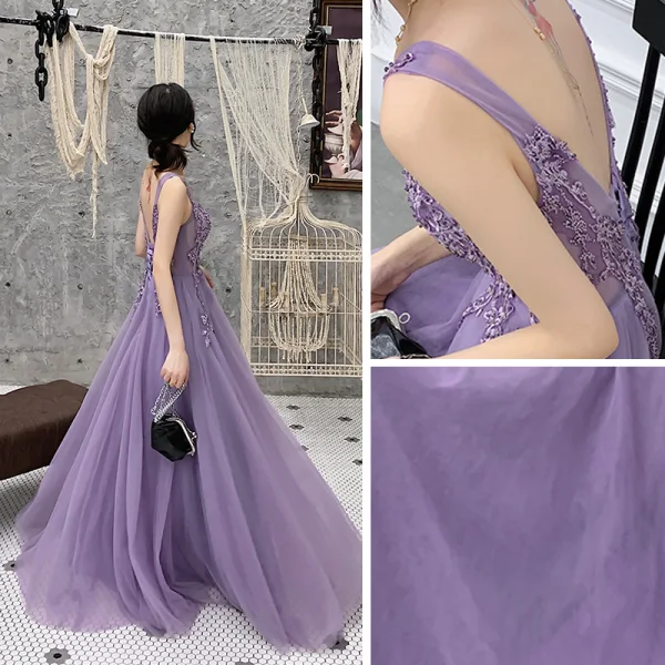 Illusion Lavande Robe De Soirée 2019 Princesse Col v profond Appliques En Dentelle Perlage Longue Volants Dos Nu Robe De Ceremonie