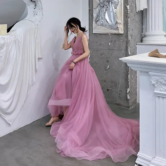 Charming Candy Pink Evening Dresses 2019 A Line Princess Deep V Neck Sleeveless Court Train Ruffle Backless Formal Dresses