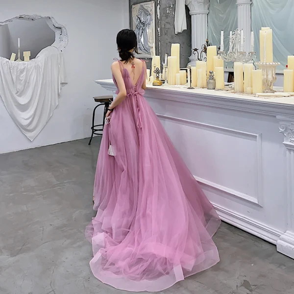 Charmant Pink Abendkleider 2019 A Linie Tiefer V-Ausschnitt Ärmellos Hof-Schleppe Rüschen Rückenfreies Festliche Kleider
