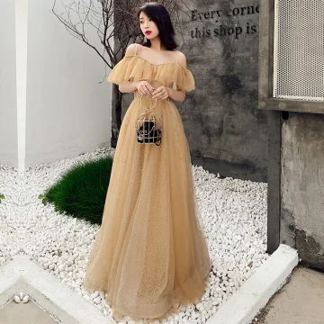 Chic Beautiful Gold Evening Dresses 2019 A Line Princess Off The Shoulder Short Sleeve Beading Glitter Tulle Floor Length Long Ruffle Backless Formal Dresses