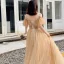 Chic / Beautiful Gold Evening Dresses  2019 A-Line / Princess Off-The-Shoulder Short Sleeve Beading Glitter Tulle Floor-Length / Long Ruffle Backless Formal Dresses