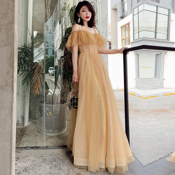 Chic / Beautiful Gold Evening Dresses 2019 A-Line / Princess Off-The-Shoulder Short Sleeve Beading Glitter Tulle Floor-Length / Long Ruffle Backless Formal Dresses