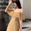 Chic / Beautiful Gold Evening Dresses  2019 A-Line / Princess Off-The-Shoulder Short Sleeve Beading Glitter Tulle Floor-Length / Long Ruffle Backless Formal Dresses