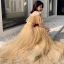 Chic / Beautiful Gold Evening Dresses  2019 A-Line / Princess Off-The-Shoulder Short Sleeve Beading Glitter Tulle Floor-Length / Long Ruffle Backless Formal Dresses