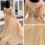 Chic / Beautiful Gold Evening Dresses  2019 A-Line / Princess Off-The-Shoulder Short Sleeve Beading Glitter Tulle Floor-Length / Long Ruffle Backless Formal Dresses