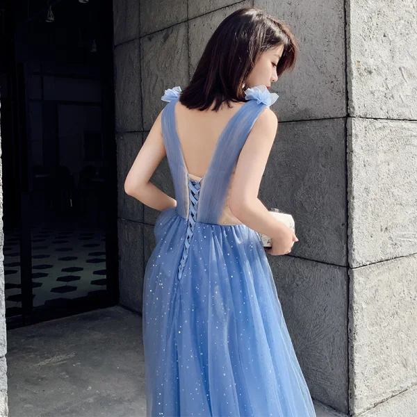 Sexy Océan Bleu Robe De Soirée 2019 Princesse Col v profond Sans Manches Perlage Glitter Tulle Longue Volants Dos Nu Robe De Ceremonie