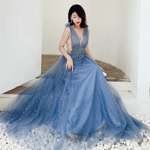 Sexy Océan Bleu Robe De Soirée 2019 Princesse Col v profond Sans Manches Perlage Glitter Tulle Longue Volants Dos Nu Robe De Ceremonie