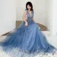 Sexy Océan Bleu Robe De Soirée 2019 Princesse Col v profond Sans Manches Perlage Glitter Tulle Longue Volants Dos Nu Robe De Ceremonie