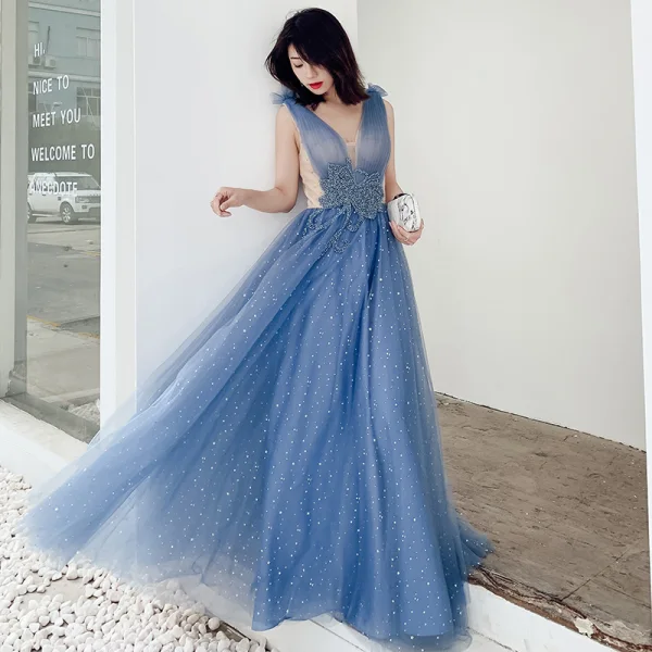 Sexy Océan Bleu Robe De Soirée 2019 Princesse Col v profond Sans Manches Perlage Glitter Tulle Longue Volants Dos Nu Robe De Ceremonie