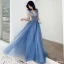 Sexy Océan Bleu Robe De Soirée 2019 Princesse Col v profond Sans Manches Perlage Glitter Tulle Longue Volants Dos Nu Robe De Ceremonie