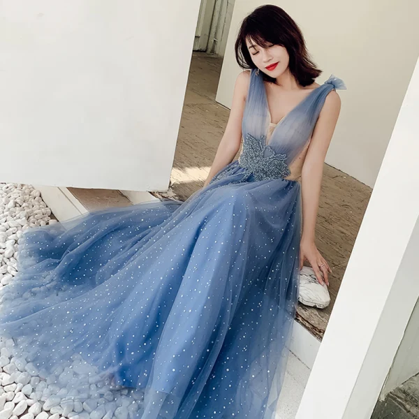 Sexy Océan Bleu Robe De Soirée 2019 Princesse Col v profond Sans Manches Perlage Glitter Tulle Longue Volants Dos Nu Robe De Ceremonie