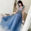 Sexy Océan Bleu Robe De Soirée 2019 Princesse Col v profond Sans Manches Perlage Glitter Tulle Longue Volants Dos Nu Robe De Ceremonie
