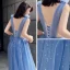 Sexy Océan Bleu Robe De Soirée 2019 Princesse Col v profond Sans Manches Perlage Glitter Tulle Longue Volants Dos Nu Robe De Ceremonie