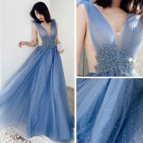 Sexy Océan Bleu Robe De Soirée 2019 Princesse Col v profond Sans Manches Perlage Glitter Tulle Longue Volants Dos Nu Robe De Ceremonie