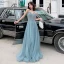 Élégant Océan Bleu Robe De Soirée 2019 Princesse Bretelles Spaghetti Sans Manches Perlage Longue Volants Dos Nu Robe De Ceremonie