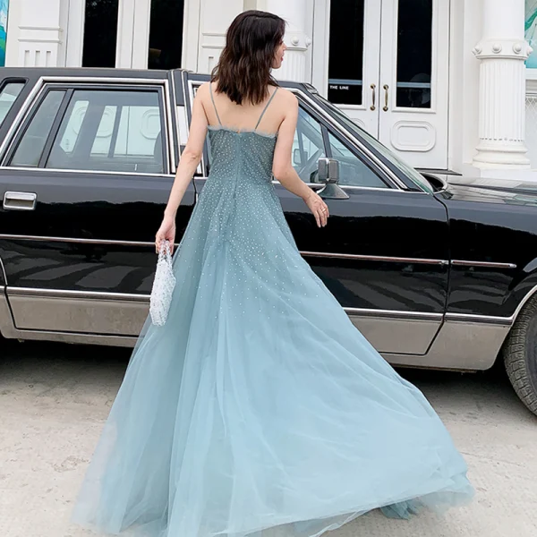 Élégant Océan Bleu Robe De Soirée 2019 Princesse Bretelles Spaghetti Sans Manches Perlage Longue Volants Dos Nu Robe De Ceremonie
