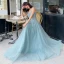 Élégant Océan Bleu Robe De Soirée 2019 Princesse Bretelles Spaghetti Sans Manches Perlage Longue Volants Dos Nu Robe De Ceremonie