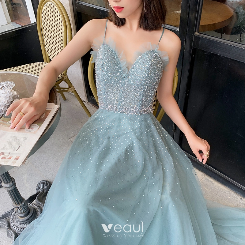 Elegant Ocean Blue Evening Dresses 2019 A Line Princess Spaghetti