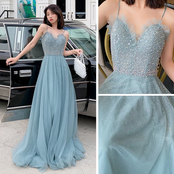 Élégant Océan Bleu Robe De Soirée 2019 Princesse Bretelles Spaghetti Sans Manches Perlage Longue Volants Dos Nu Robe De Ceremonie