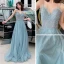 Élégant Océan Bleu Robe De Soirée 2019 Princesse Bretelles Spaghetti Sans Manches Perlage Longue Volants Dos Nu Robe De Ceremonie