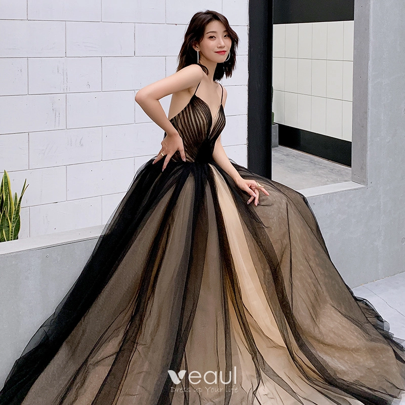 Sexy Black Prom Dresses 2019 A Line Princess Spaghetti Straps Sleeveless Floor Length Long Ruffle Backless Formal Dresses