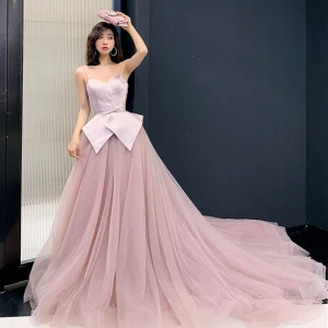 Charmant Rougissant Rose Robe De Soirée 2019 Princesse Bretelles Spaghetti Sans Manches Noeud Ceinture Tribunal Train Volants Dos Nu Robe De Ceremonie